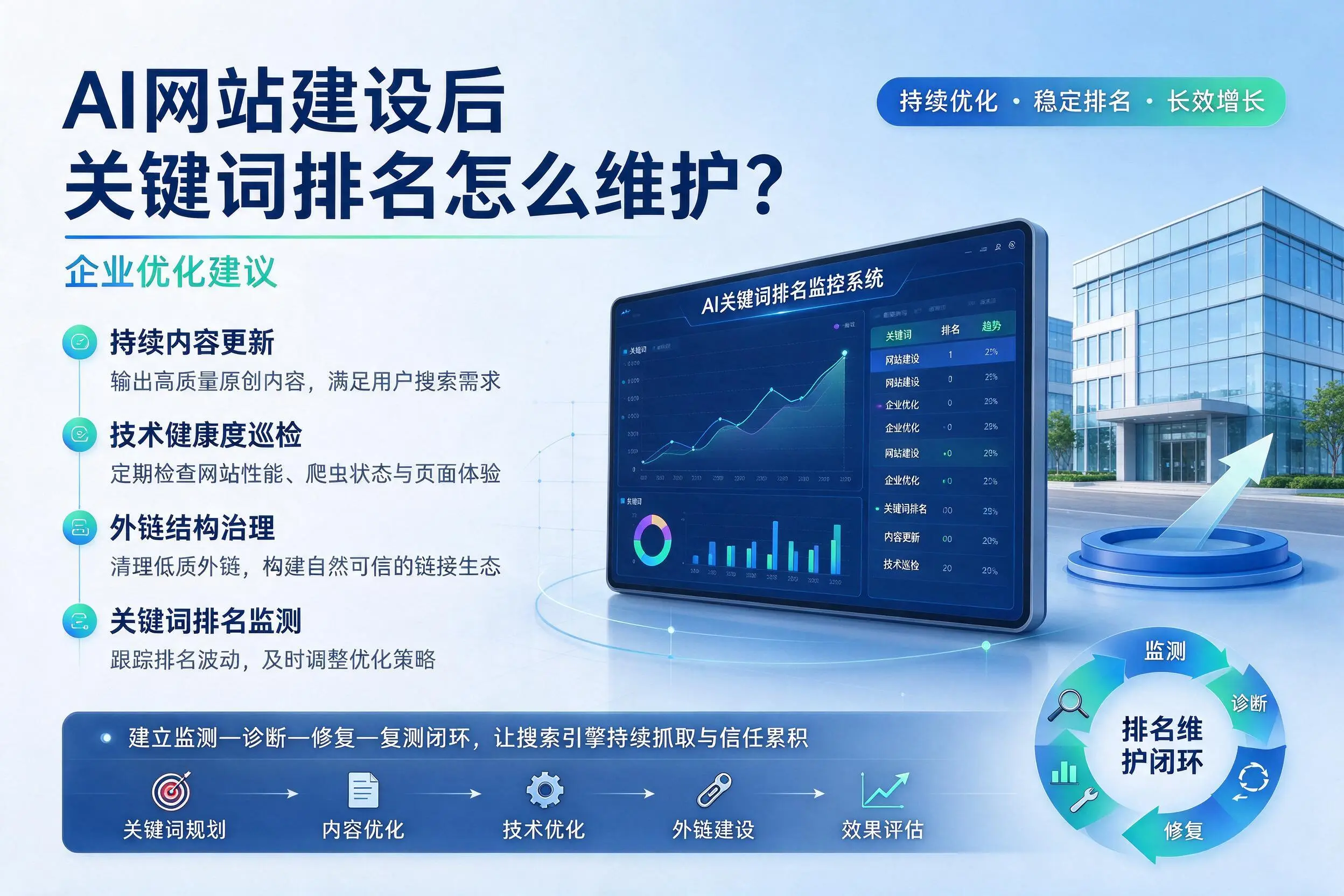 AI网站建设后关键词排名怎么维护?昆玉企业优化建议