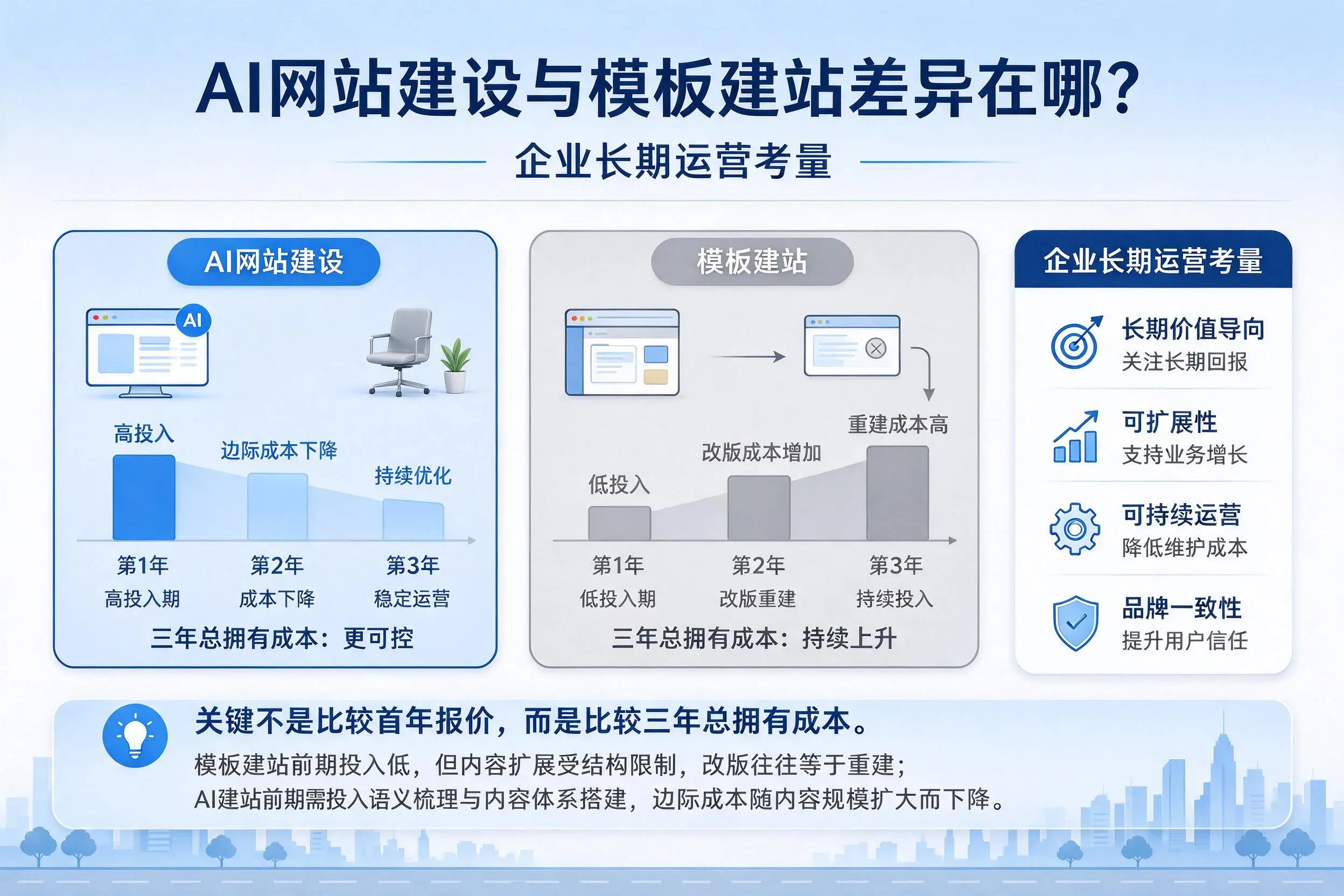 AI网站建设与模板建站差异在哪？昆玉企业长期运营考量